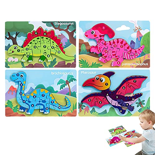 Holz Dinosaurier-Puzzles - 3D Holz Dinosaurier Kleinkind Spielzeug | Dinosaurier-Puzzle, Vorschulpädagogisches Lernpuzzles Spielzeug-Set für Jungen und Mädchen (1 Set 4 Pakete) Huiba von huiba