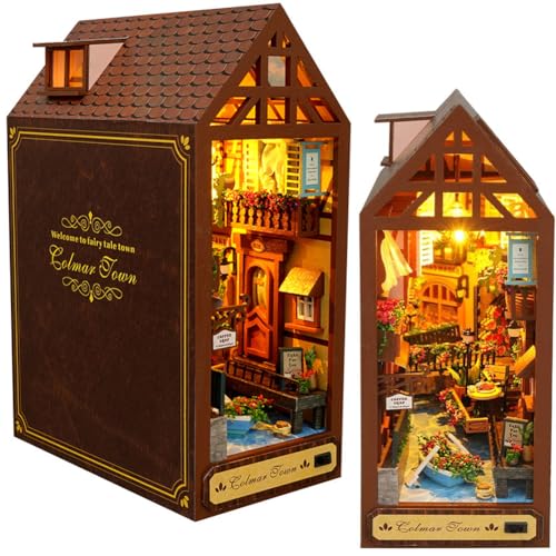 DIY Book Nook Kit 3D Holz Buchständer Puzzle DIY Miniatur Haus Kit Book Nook Modellbau Kit mit Lichtern DIY Puppenhaus Kits für Erwachsene (Leisurely Years Book Nook) von hvmabeck