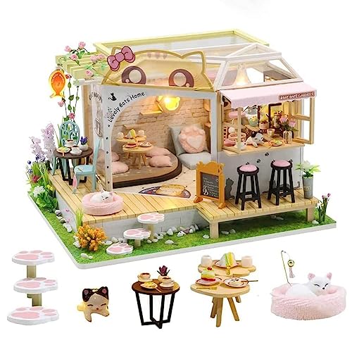 DIY Cat Cafe Garten Puppenhaus Miniatur Kit mit Möbeln, Maßstab 1:24, Kreativer Raum für Geschenk DIY Miniatur Puppenhaus Kit von hvmabeck