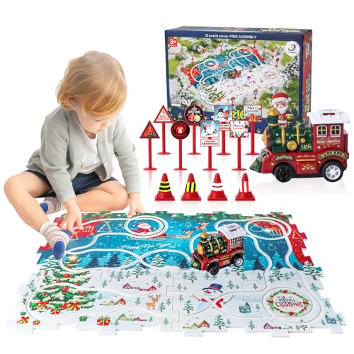 Weihnachtstag Auto Spielzeug Autorennbahn, 12Pcs DIY Puzzle Spielzeugauto mit Autorennbahn,Weihnachtstag Cars Spielzeug Auto Geschenkspiele für Kinder Spielzeug ab 2 3 4 5 6 Jahren von hzuisst