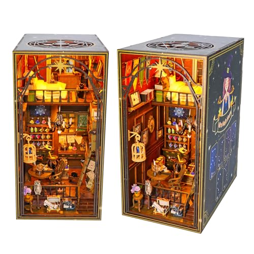 hzuisst Book Nook, Magische Miniatur Haus, 3D Holz Puzzle Buchstütze Bücherregaleinsatz mit Led Licht, Buchstützen Bookshelf Decoration, Book Nook Bibliothek Geschenkdekoration für Erwachsene Teenager von hzuisst