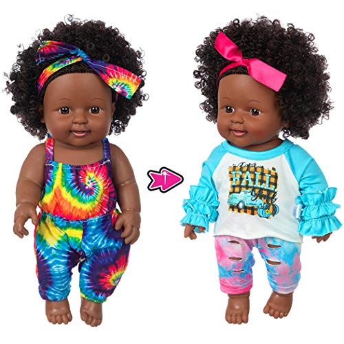 iBayda Einteilige 30,5 cm realistische schwarze Baby-Mädchen-Puppe, Spielzeug, afrikanisch-amerikanische waschbare Silikon-Babypuppe mit 2 Sets Puppenkleidung (nur eine Puppe) von iBayda