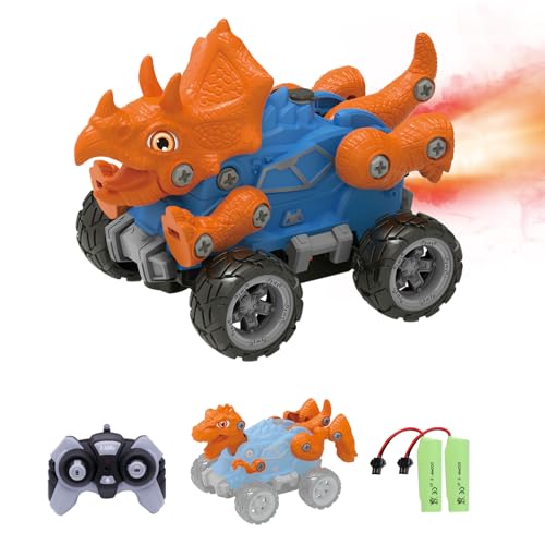 iBlivers Ferngesteuertes Auto, Gebäude Ferngesteuertes Dinosaurierauto, Monster Truck 2 Formen Dino Ersatz mit Sprühnebel Lichter, Bauen Sie EIN STEM Ferngesteuertes Monster Truck Spielzeug Geschenke von iBlivers