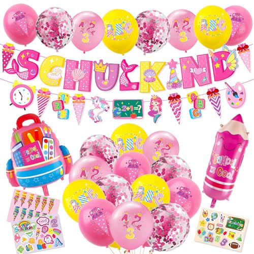 Einschulung deko mädchen,SCHULKIND Deko,Rosa Einhorn Schulanfang mädchen Junge Deko Set,SCHULKIND Banner+Zuckertüte Girlande+Luftballons mit ABC 123+Paillettenballons+Zuckertüten Papierstücke+Pencil von iDattel