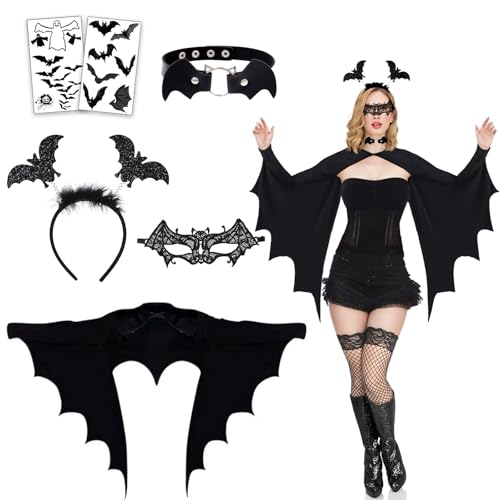 iDattel Fledermaus Kostüm Damen Umhang,Schwarz Fledermaus Kostüm,Faschingskostüme Damen Mit Augenmasken, Halsketten,Ohrringe und Gesichtsaufkleber,Erwachsene Vampire Kostüm karneval Halloween Cosplay von iDattel