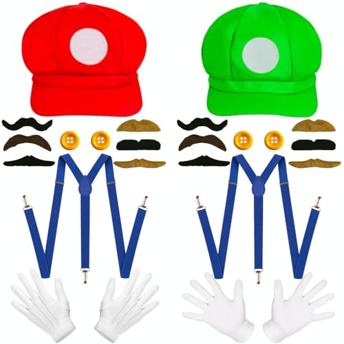 iDattel Mario Kostüm und luigi kostüm,Karneval Mario Kostüm Bros Mütze Hut Handschuhe Bart gelbe Knöpfe Kostüm für Fasching-Erwachsene Damen Herren Kind Outfits Cosplay Karneval Kostüm Accessorie von iDattel