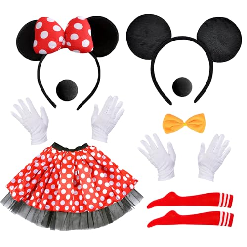 iDattel Maus Mouse Kostüm,Damen Maus Mouse Kostüm Mädchen Set Rot Tutu/Haarreifen mit Maus Ohren/Handschuhe/Nase/Strümpfe/Fliege Schleife für Fasching Karneval Halloween Motto Cosplay Party von iDattel