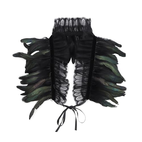 IEFIEL Gothic Natürlicher Federschal Cape mit Spitze Natürliche Feder Schulter Wrap Shrug Cosplay Fasching Halloween Karneval Kostüm Accessoires Schwarz One Size von iEFiEL