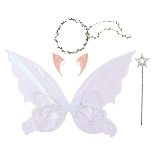 IEFIEL Halloween Elfen Fen Cosplay Zubebör Glitzer Feenflügel mit Elfenohren Zauberstab Kranz Set Feen Cosplay Kostüm Fotografie Requisiten Weiß Set One Size von iEFiEL