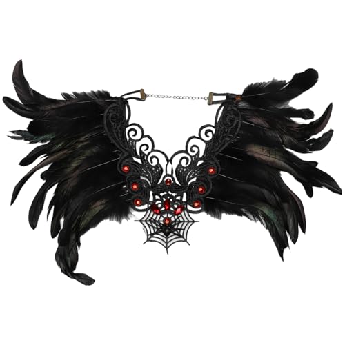 IEFIEL Halloween Natürlicher Federschal Cape Spitze Gothic Shrug Schal Glänzend Strass Fake Kragen Schulter Wrap Cosplay Fasching Karneval Accessoires Typ C One Size von iEFiEL