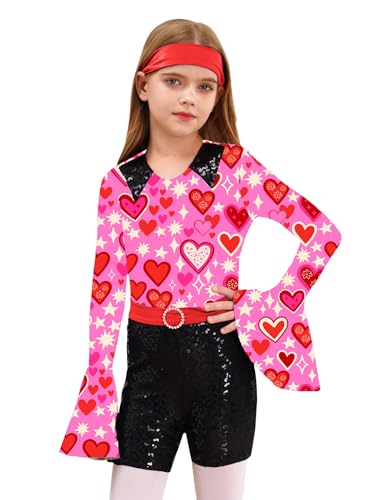 iEFiEL 2PCS Mädchen Disco Kostüm Set mit Stirnband Tanzbekleidung 60er 70er Jumpsuit Langarm Ganzanzug Karneval Fasching Outfits Knalliges Pink Rot 110-116 von iEFiEL