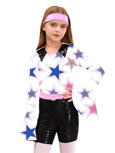 iEFiEL 2PCS Mädchen Disco Kostüm Set mit Stirnband Tanzbekleidung 60er 70er Jumpsuit Langarm Ganzanzug Karneval Fasching Outfits Rosa 158-164 von iEFiEL