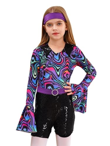 iEFiEL 2PCS Mädchen Disco Kostüm Set mit Stirnband Tanzbekleidung 60er 70er Jumpsuit Langarm Ganzanzug Karneval Fasching Outfits Violett 170-176 von iEFiEL