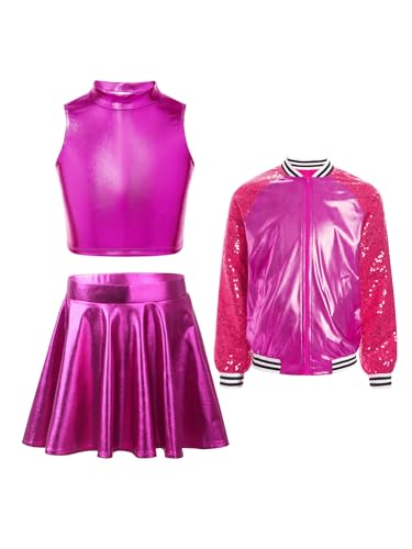 iEFiEL Mädchen Metallic Retro Tanz Kleidung Set Glitzer Jacke mit Ärmellos crop Top und Tanzrock Disco Jazz Outfits Karneval Fasching Clubwear Rosenrot 110-116 von iEFiEL