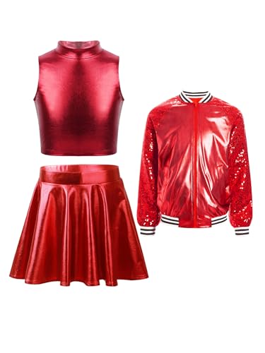 iEFiEL Mädchen Metallic Retro Tanz Kleidung Set Glitzer Jacke mit Ärmellos crop Top und Tanzrock Disco Jazz Outfits Karneval Fasching Clubwear Rot 110-116 von iEFiEL