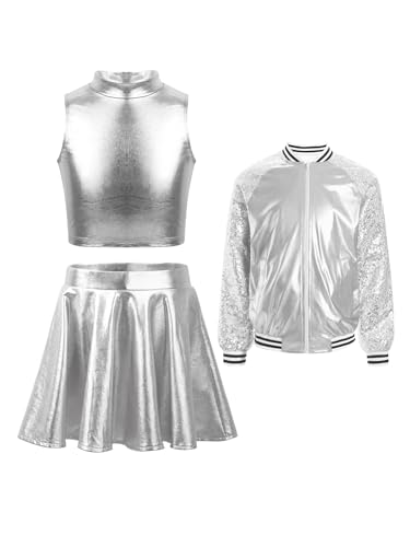 iEFiEL 3Pcs Mädchen Metallic Retro Tanz Kleidung Set Jacke mit Ärmellos crop Top und Tanzrock Disco Jazz Outfits Karneval Fasching Clubwear Silber 110-116 von iEFiEL