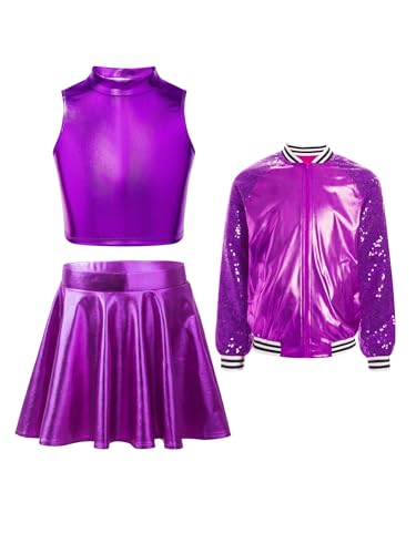 iEFiEL 3Pcs Mädchen Metallic Retro Tanz Kleidung Set Jacke mit Ärmellos crop Top und Tanzrock Disco Jazz Outfits Karneval Fasching Clubwear Violett 110-116 von iEFiEL