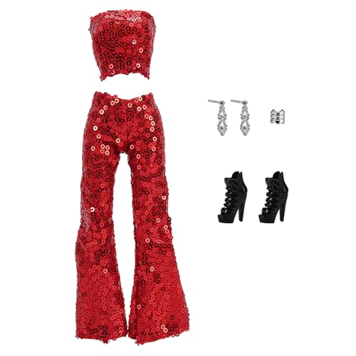 iEFiEL 5 Stück Puppenkleidung Set Pailletten Oberteil Crop Top mit Hose Ohrringen Armband Schuhe Glitter Puppenkleidungsset Puppenzubehör Blau One Size von iEFiEL