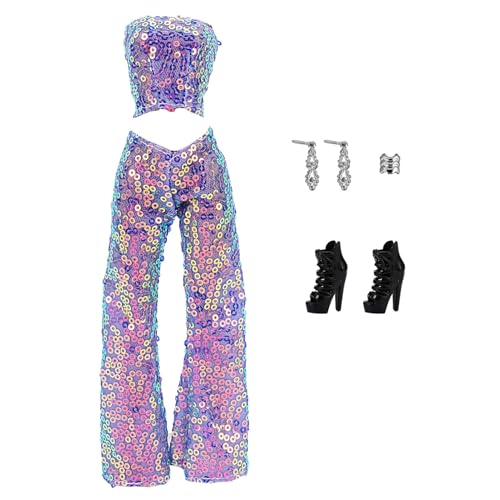 iEFiEL 5 Stück Puppenkleidung Set Pailletten Oberteil Crop Top mit Hose Ohrringen Armband Schuhe Glitter Puppenkleidungsset Puppenzubehör Dunkelviolett One Size von iEFiEL