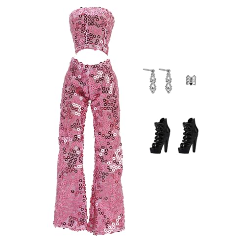 iEFiEL 5 Stück Puppenkleidung Set Pailletten Oberteil Crop Top mit Hose Ohrringen Armband Schuhe Glitter Puppenkleidungsset Puppenzubehör Hell Lila One Size von iEFiEL