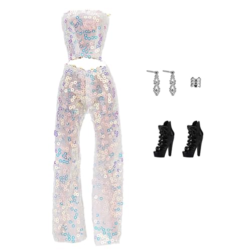 iEFiEL 5 Stück Puppenkleidung Set Pailletten Oberteil Crop Top mit Hose Ohrringen Armband Schuhe Glitter Puppenkleidungsset Puppenzubehör Rosa One Size von iEFiEL