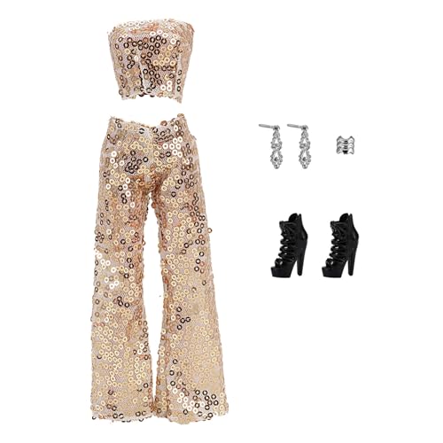 iEFiEL 5 Stück Puppenkleidung Set Pailletten Oberteil Crop Top mit Hose Ohrringen Armband Schuhe Glitter Puppenkleidungsset Puppenzubehör Silber One Size von iEFiEL