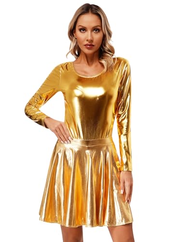 iEFiEL Damen Wetlook Minikleid Disco Modern Tanz Kostüm Sets Metallic Body mit Mini Faltenrock Langarm Turnanzug Mottoparty Karneval Fasching Kostüme Verkleidung Gold M von iEFiEL