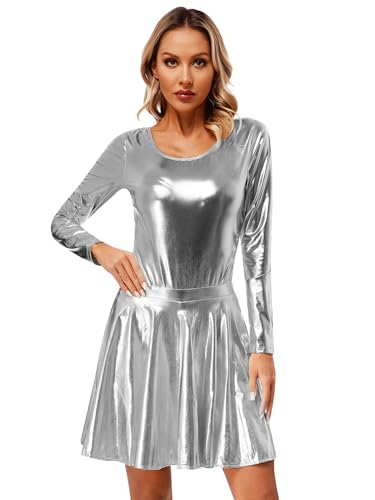 iEFiEL Damen Wetlook Minikleid Disco Modern Tanz Kostüm Sets Metallic Body mit Mini Faltenrock Langarm Turnanzug Mottoparty Karneval Fasching Kostüme Verkleidung Silber XL von iEFiEL