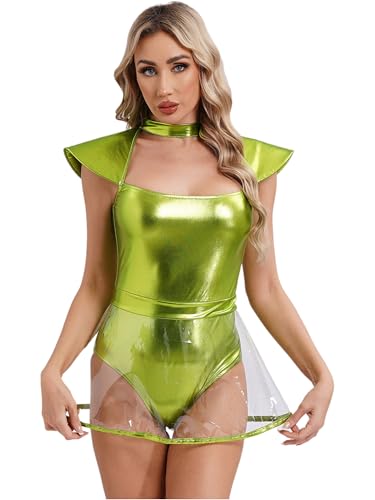 iEFiEL Damen Alien Kostüm Cosplay Metallic Minikleid Lackleder Partykleid Bodysuit mit Transparent PVC Röckchen Karneval Fasching Mottoparty Kostüm Leuchtendes Grün M von iEFiEL