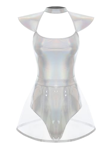 iEFiEL Damen Alien Kostüm Cosplay Metallic Minikleid Lackleder Partykleid Bodysuit mit Transparent PVC Röckchen Karneval Fasching Mottoparty Kostüm Silber L von iEFiEL