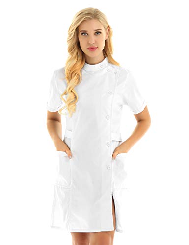 iEFiEL Damen Arztkittel Laborkittel Krankenschwester Uniform Baumwolle Kittel Stehkragen Kleid Karneval Faschingskostüm Mottoparty Kleid A Weiß XL von iEFiEL