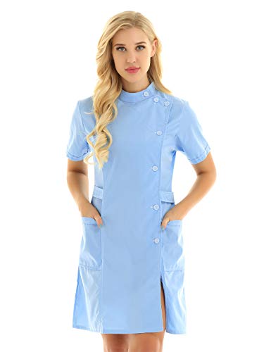 iEFiEL Damen Arztkittel Laborkittel Krankenschwester Uniform Baumwolle Kittel Stehkragen Kleid Karneval Faschingskostüm Mottoparty Kleid Himmelblau L von iEFiEL