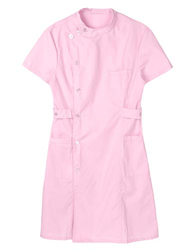 iEFiEL Damen Arztkittel Laborkittel Krankenschwester Uniform Baumwolle Kittel Stehkragen Kleid Karneval Faschingskostüm Mottoparty Kleid Rosa L von iEFiEL