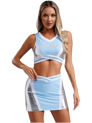 iEFiEL Damen Cheer Leader Kostüm Cheerleading Uniform Outfits Ärmellose Crop Top Bauchfrei Tanztop und Bodycon Minirock Halloween Kostüm Himmelblau 3XL von iEFiEL