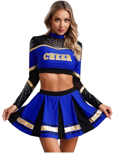 iEFiEL Damen Cheer Leader Kostüm Cheerleading Uniform Langarm Crop Top Bauchfrei Oberteile Und Minirock Metallic Faltenrock Blau L von iEFiEL