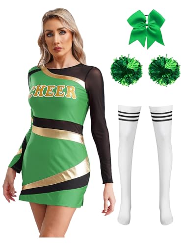 iEFiEL Damen Cheerleading Kostüm Set Langarm Tanzkleid Cheer Leader Kostüm Patchwork Tanzkostüm Halloween Faschingskostüm Grün XXL von iEFiEL