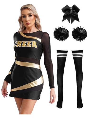 iEFiEL Damen Cheerleading Kostüm Set Langarm Tanzkleid Cheer Leader Kostüm Patchwork Tanzkostüm Halloween Faschingskostüm Schwarz L von iEFiEL