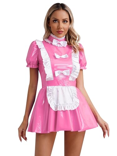 iEFiEL Damen Dienstmädchen Kostüm Cosplay Maid Uniform Lackleder Kleid Halloween Karneval Faschingskostüm Mottopartykleid Rosa M von iEFiEL
