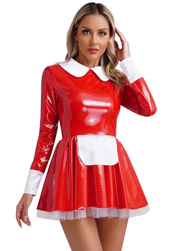 iEFiEL Damen Dienstmädchen Kostüm für Halloween Cosplay Maid Kostüm Lack Lederkleid mit Halsband Spitze Tütü Kleid Fasching Karneval Clubwear Xc Rot L von iEFiEL