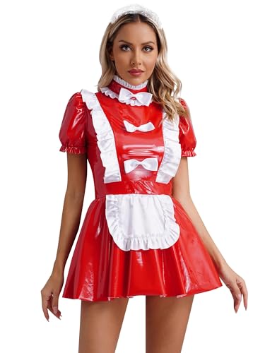 iEFiEL Damen Dienstmädchen Kostüm für Halloween Cosplay Maid Kostüm Lack Lederkleid mit Halsband Spitze Tütü Kleid Fasching Karneval Clubwear Xd Rot L von iEFiEL