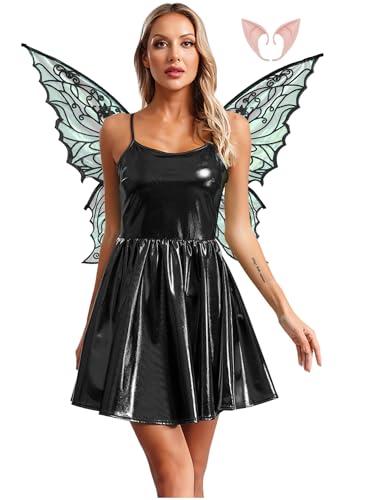 iEFiEL Damen Elfen Kostüm Set Fee Kleid mit Flügeln und Elfenohren Wetlook Lack Leder Kleid Tutu Kleid Fasching Kostüm Cosplay Set Rave Party Clubwear Schwarz M von iEFiEL