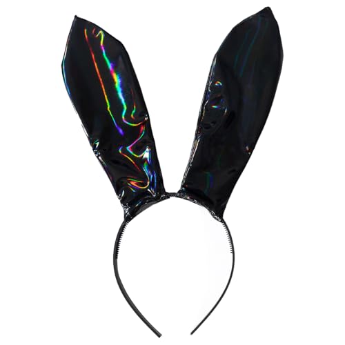 iEFiEL Damen Glänzende Hasenohren Stirnband Ostern Kaninchenohren Haarband Bunny Ohren Haarreif Party Kopfbedeckung für Cosplay Fasching Halloween Schwarz A One Size von iEFiEL