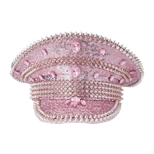 iEFiEL Damen Glänzende Pailletten Kapitänsmütze mir Strass Funkelnde Matrosenmütze Gothic Marine Kappe Fasching Mottoparty Rosa Einheitsgröße von iEFiEL