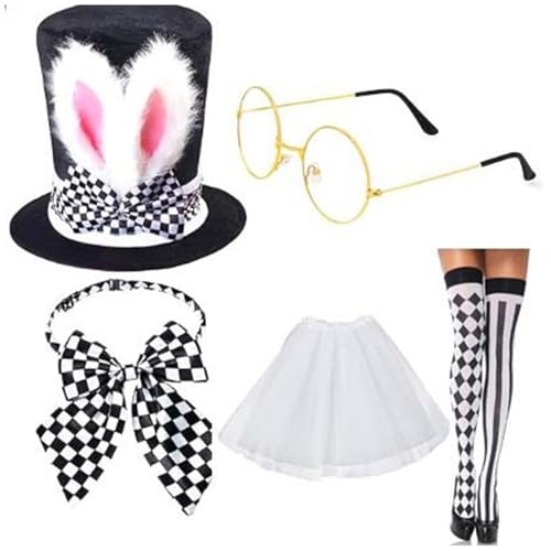 iEFiEL Damen Hase Kostüm Zubehör Set Top Hut mit Hasenohren Brille Handschuhe Fliege Kniestrümpf Tuturock Ostern Bunny Kaninchen Cosplay Typ D One Size von iEFiEL