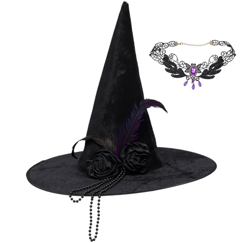 iEFiEL Damen Hexenhut mit Feder Deko Gothic Hals Choker Spitze Zauberer Hut Halloween Cosplay Kostüm Hexenaccessoire Karneval Fasching Mottoparty Typ B Lila One Size von iEFiEL