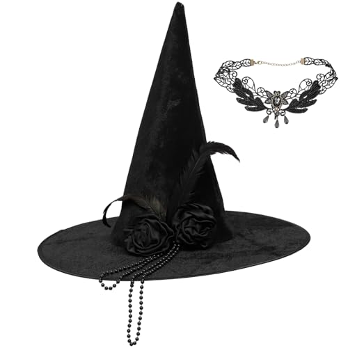 iEFiEL Damen Hexenhut mit Feder Deko Gothic Hals Choker Spitze Zauberer Hut Halloween Cosplay Kostüm Hexenaccessoire Karneval Fasching Mottoparty Typ B Schwarz One Size von iEFiEL