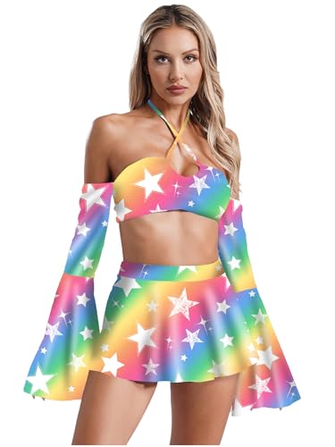 iEFiEL Damen Hippie Kostüm Set Zeitreise Kostüm Ausgestellte Lange Ärmel Crop Tops mit Mini Rock und Tanga Rave Outfits Disco Clubwear Karneval Fasching Kostüm Typ C S von iEFiEL