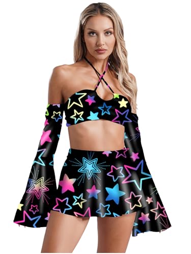 iEFiEL Damen Hippie Kostüm Set Zeitreise Kostüm Ausgestellte Lange Ärmel Crop Tops mit Mini Rock und Tanga Rave Outfits Disco Clubwear Karneval Fasching Kostüm Typ E S von iEFiEL