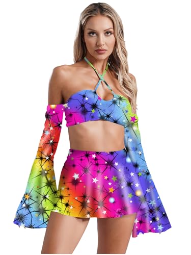 iEFiEL Damen Hippie Kostüm Set Zeitreise Kostüm Ausgestellte Lange Ärmel Crop Tops mit Mini Rock und Tanga Rave Outfits Disco Clubwear Karneval Fasching Kostüm Typ F M von iEFiEL