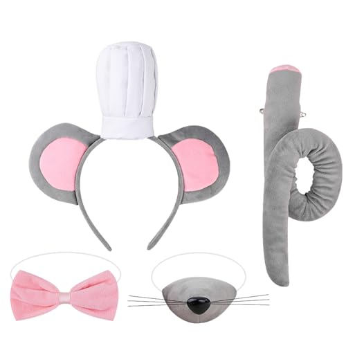 iEFiEL Damen Mädchen Maus Cosplay Set Cartoon Maus Chef Stirnband Fliege Maus Nase Plüsch Schwanz Tier Kostüm Karneval Typ E Set One Size von iEFiEL